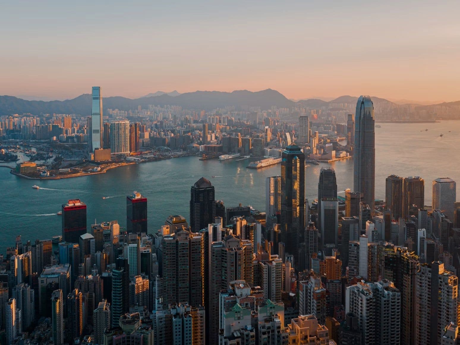 Victoria Harbour and the Hong Kong Island skyline seen from the Peak in daylight