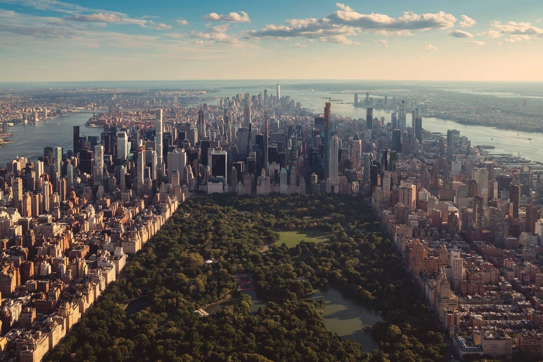 Central Park from the air, surrounded by the dense residential blocks of Manhattan