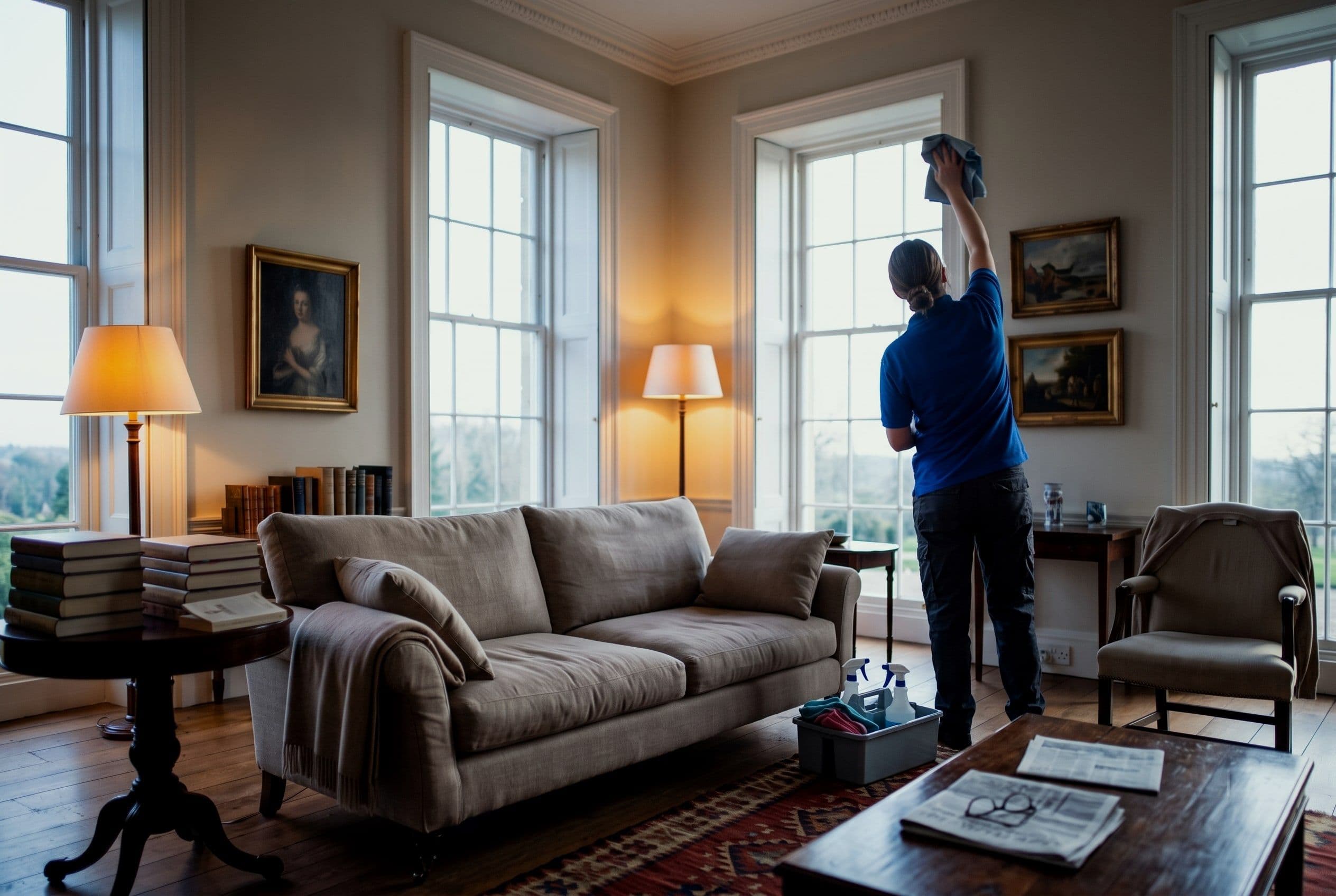 A cleaner in a plain blue polo wiping the top of a tall sash window frame in a family drawing room