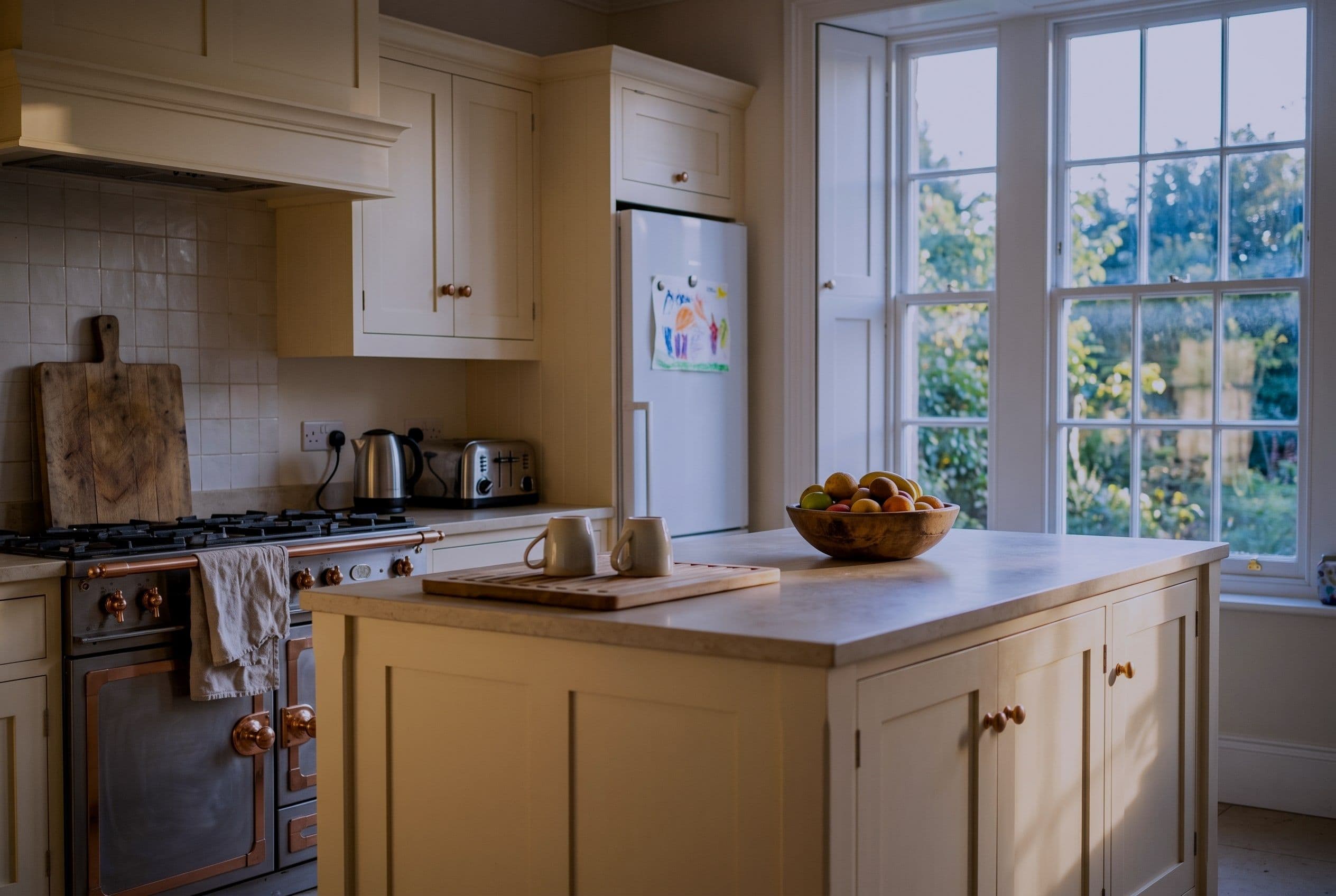The kitchen of a large family house in the late afternoon, in daily use and completely clean