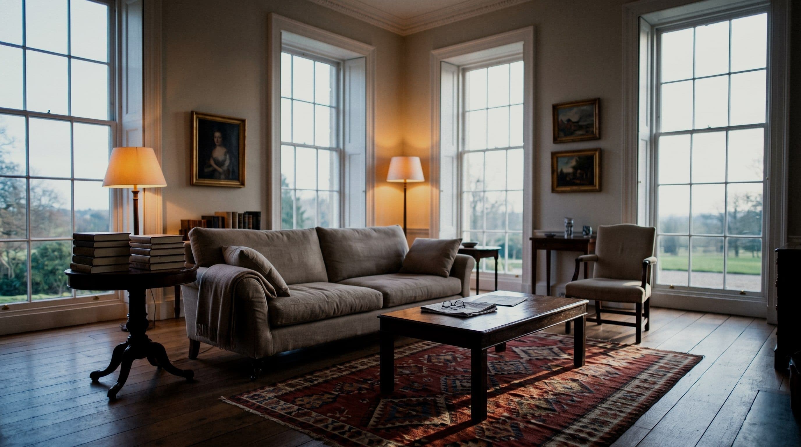 The drawing room of a large period family house in late afternoon, lived in and completely tidy