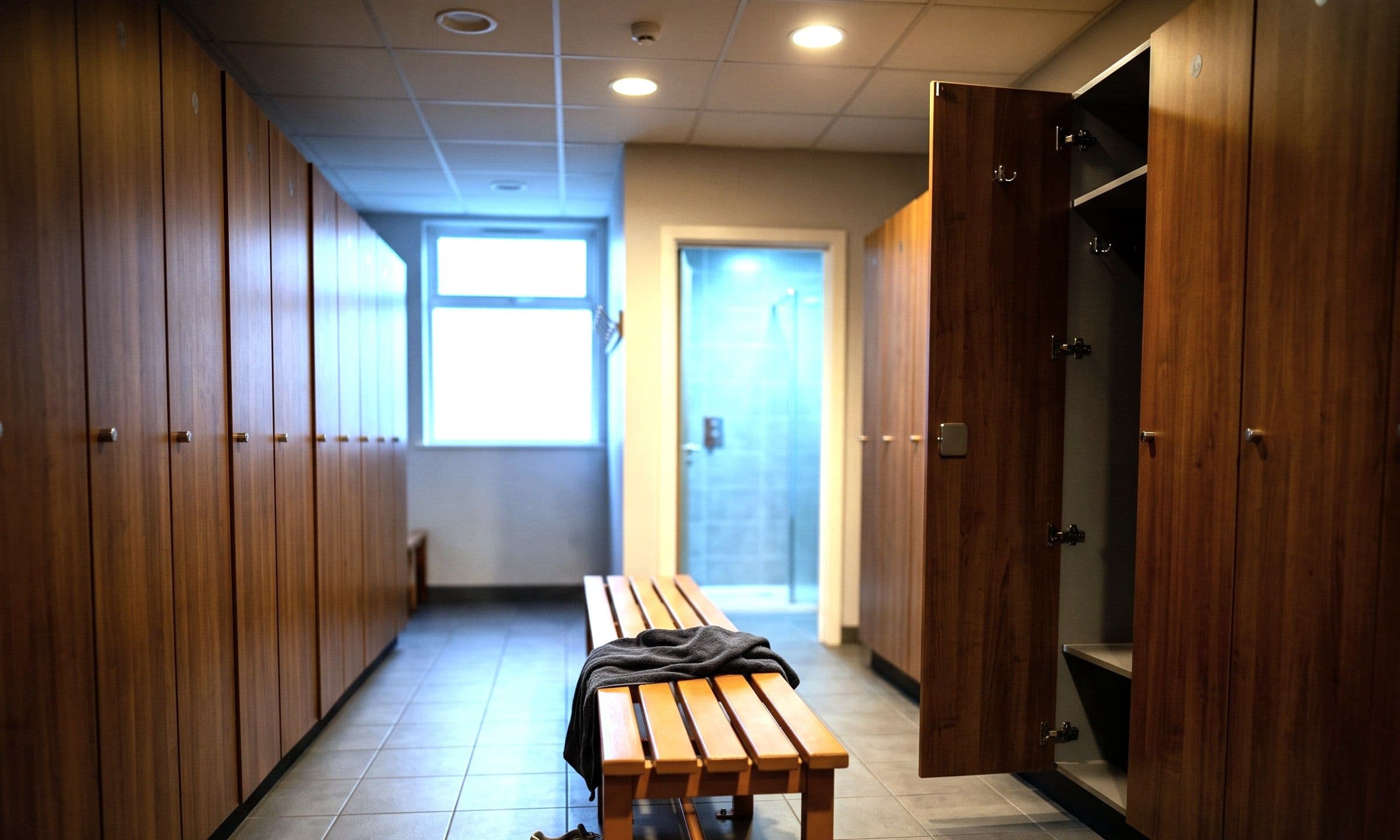 The changing room of an independent gym at the end of the evening, empty, with the shower area beyond