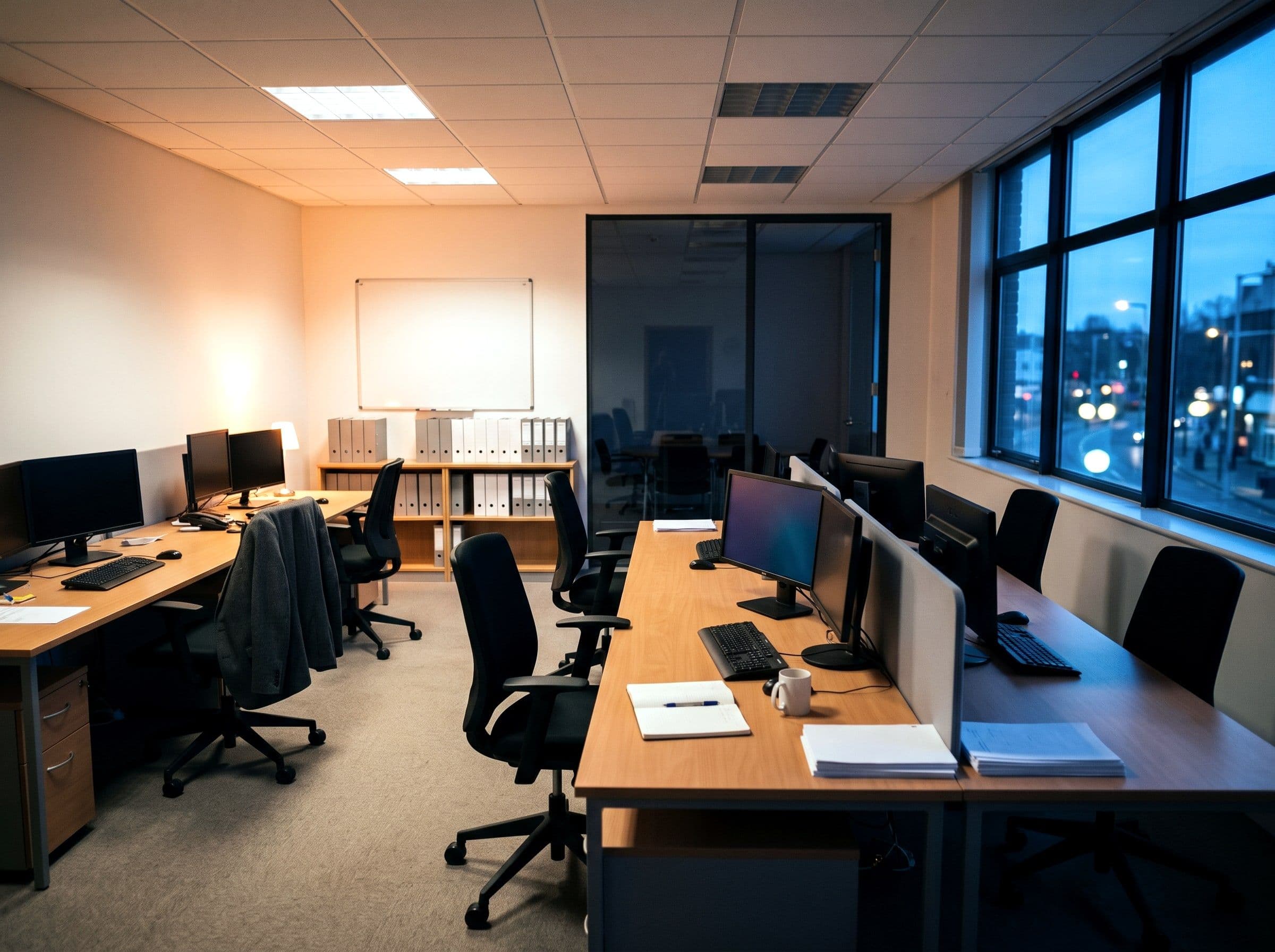 A small tenanted office at dusk, desks empty and monitors asleep