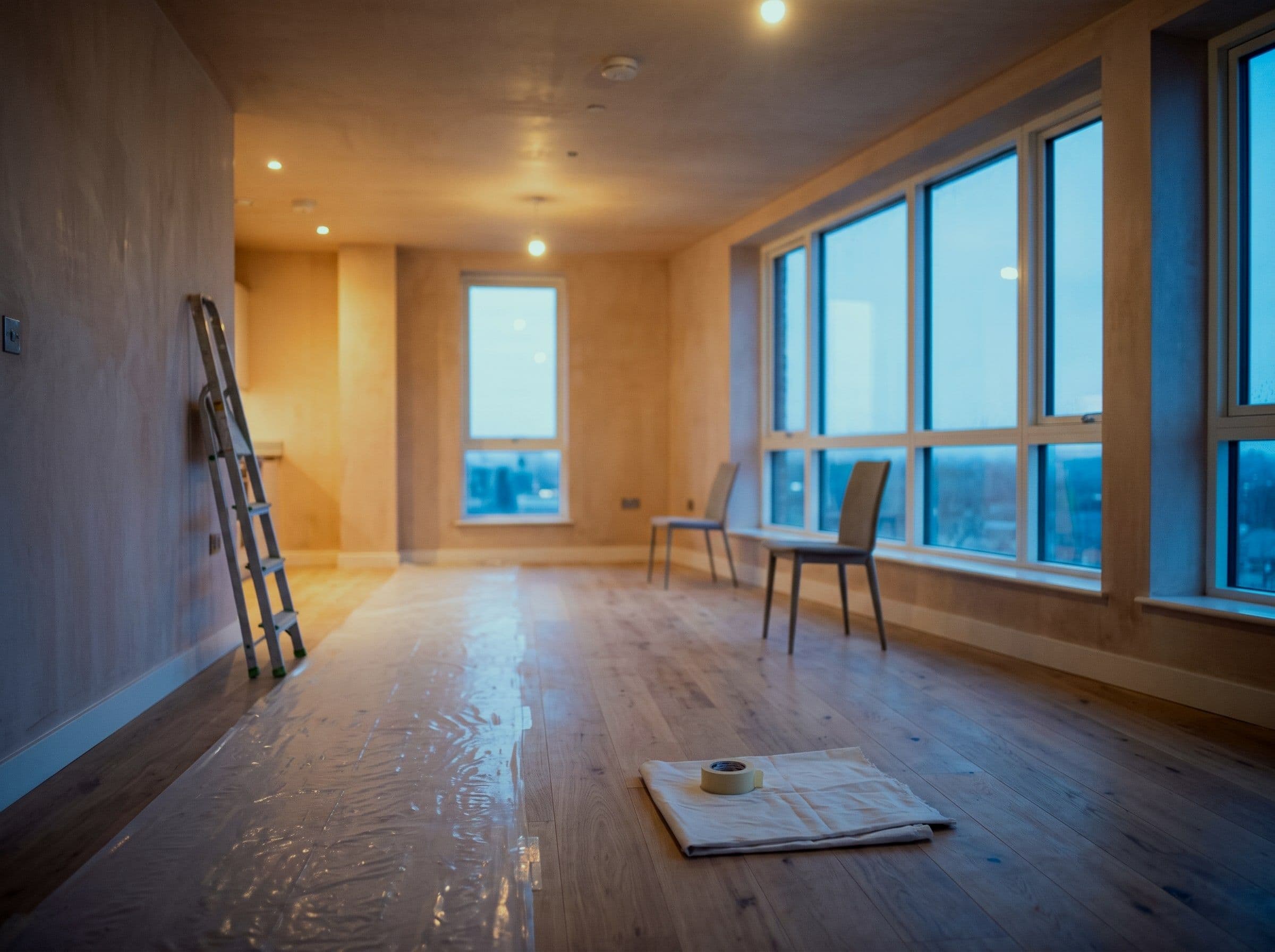 An empty apartment on handover day, newly finished with protective sheeting still down