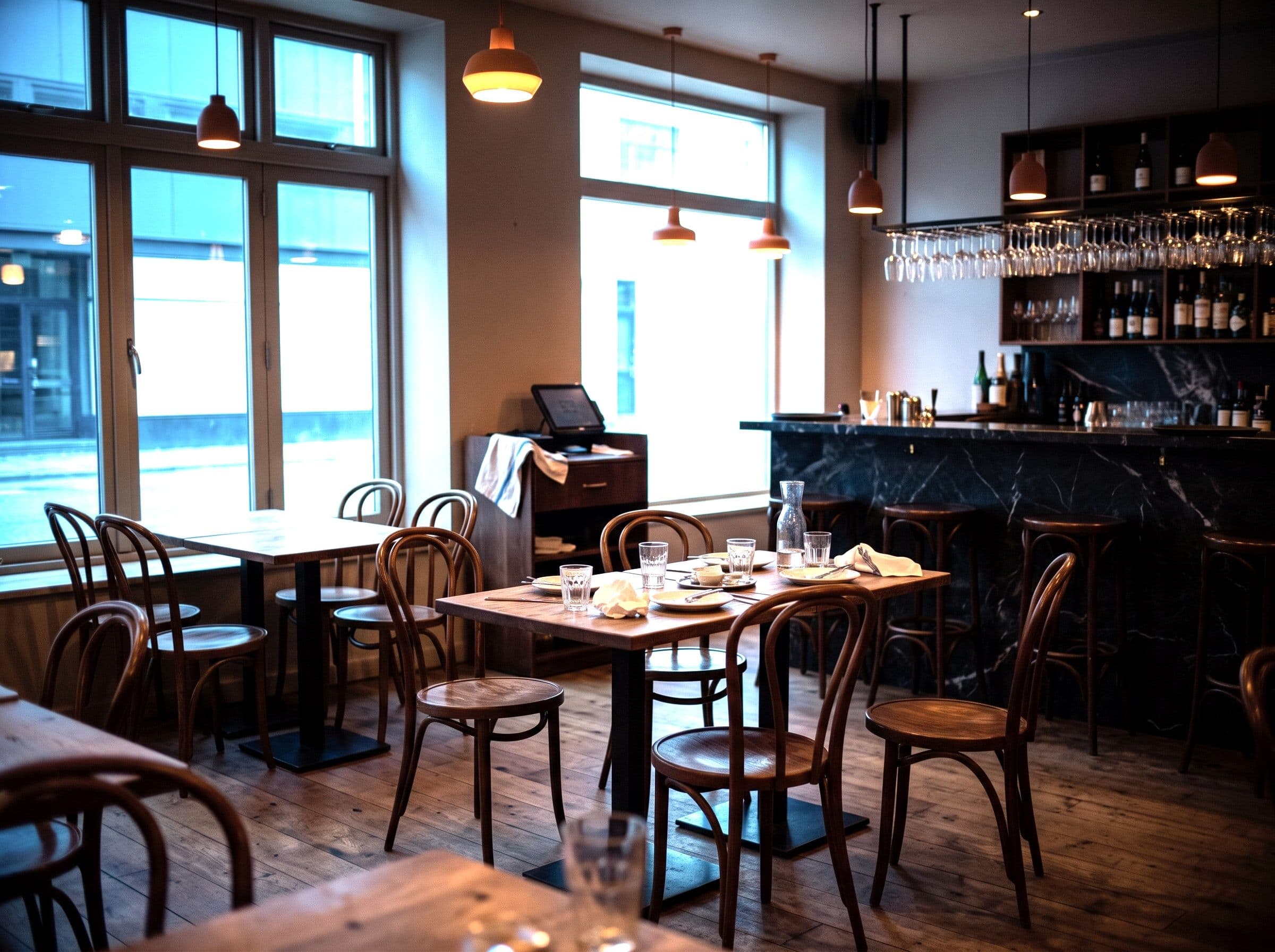 A small independent restaurant dining room shortly after the last table has left