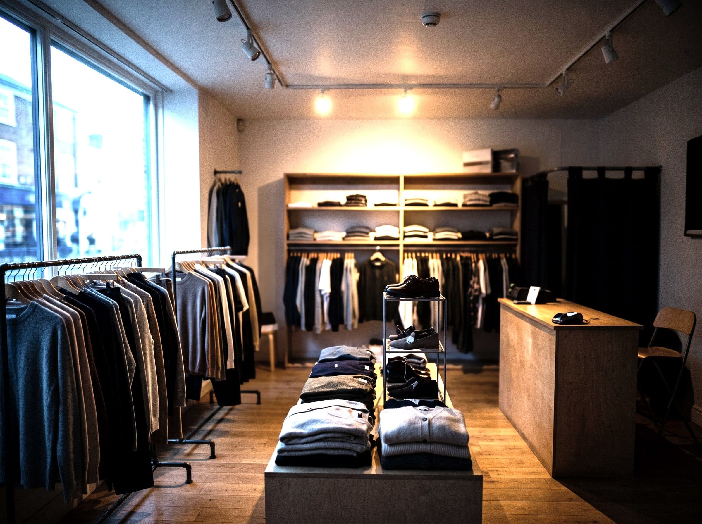 A small independent clothing shop shortly after closing, tidied for the night